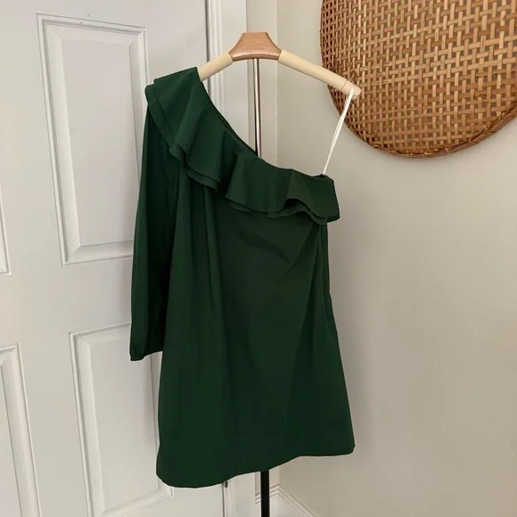 J Crew Mercantile Womens One Shoulder Ruffle Green Shift Dress Size 6 Fall Chic - Picture 3 of 10